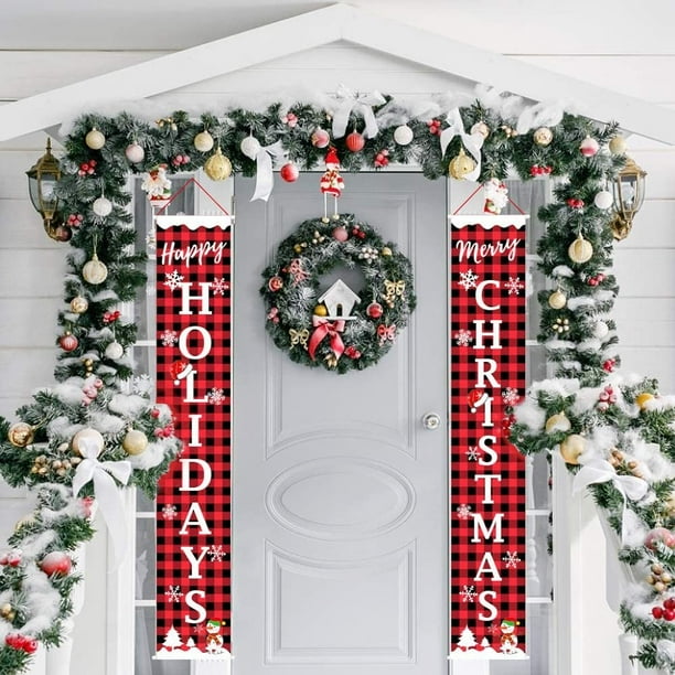 Christmas Decor Dual Sided Porch Sign Country Merry and Home Sweet Home with Buffalo Plaid Holiday Decor